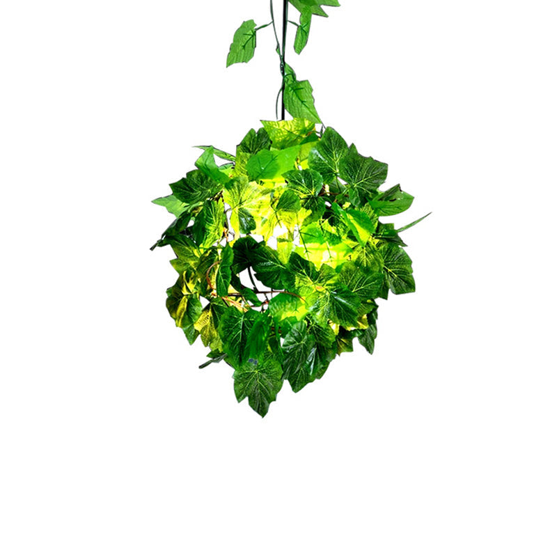 Black Single-Bulb Hanging Light Loft Iron Ceiling Pendant With Art Vine In Orange/Green/Light Green