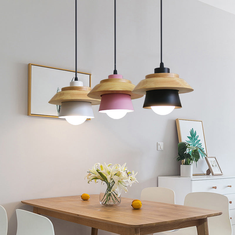 Macaron Single Pink/Grey/Green Wood Pendant Lamp Kit - 2-Shade Iron Hanging Fixture