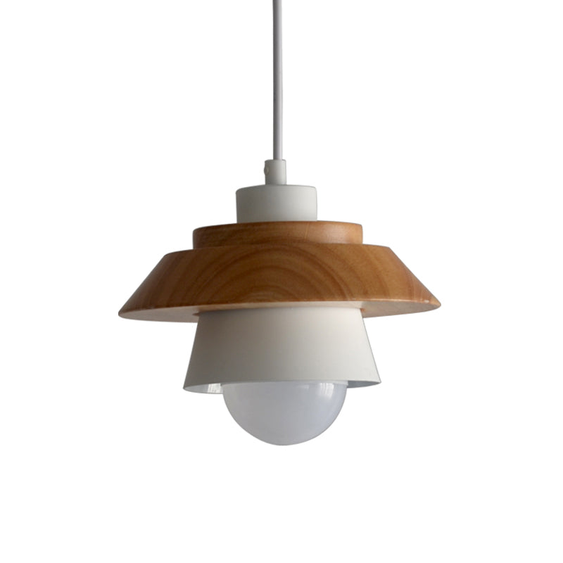 Macaron Single Pink/Grey/Green Wood Pendant Lamp Kit - 2-Shade Iron Hanging Fixture