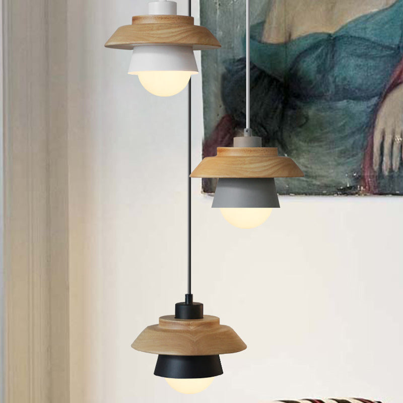 Macaron Single Pink/Grey/Green Wood Pendant Lamp Kit - 2-Shade Iron Hanging Fixture