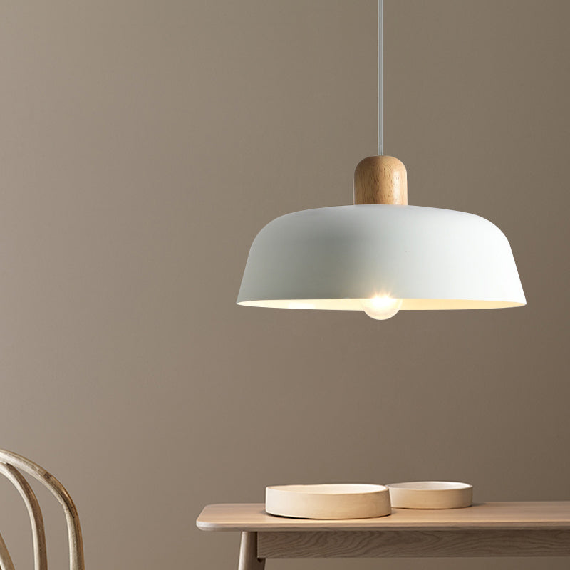 Nordic Metal Pendant Lamp With Wood Top And 1 Light - Flat-Bowl Shape In Black White
