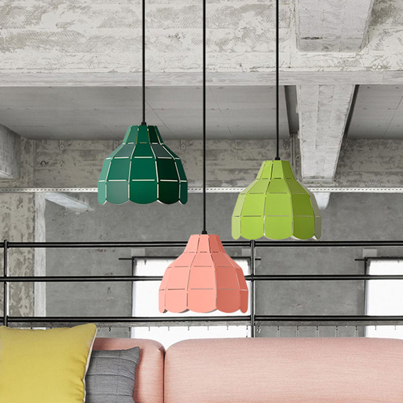 Laser Cut Floral Aluminum Pendant Hanging Light Fixture - Green/Yellow/Grey Macaron Design