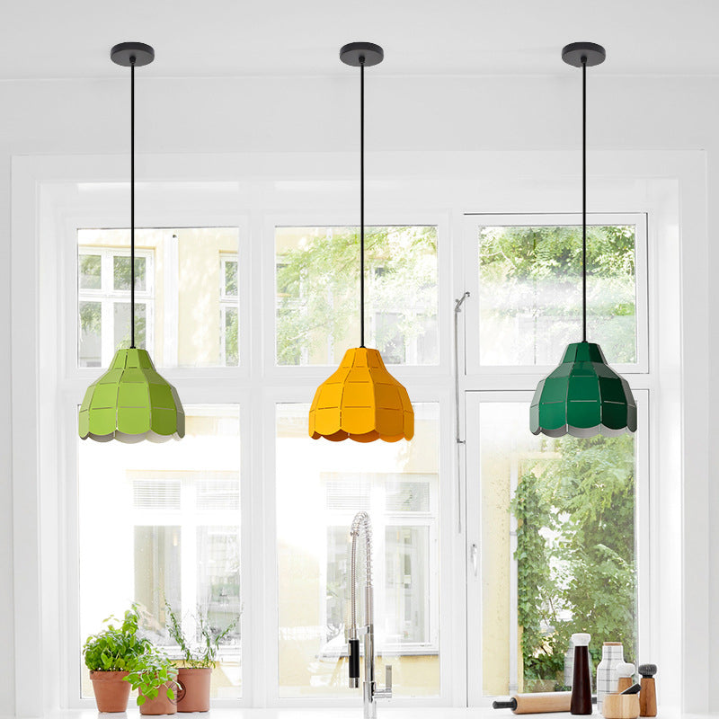 Laser Cut Floral Aluminum Pendant Hanging Light Fixture - Green/Yellow/Grey Macaron Design
