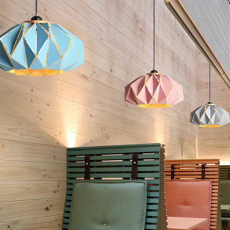 Macaron Restaurant Pendant Lamp With Laser Cut Iron Shade In Grey/Pink/Blue