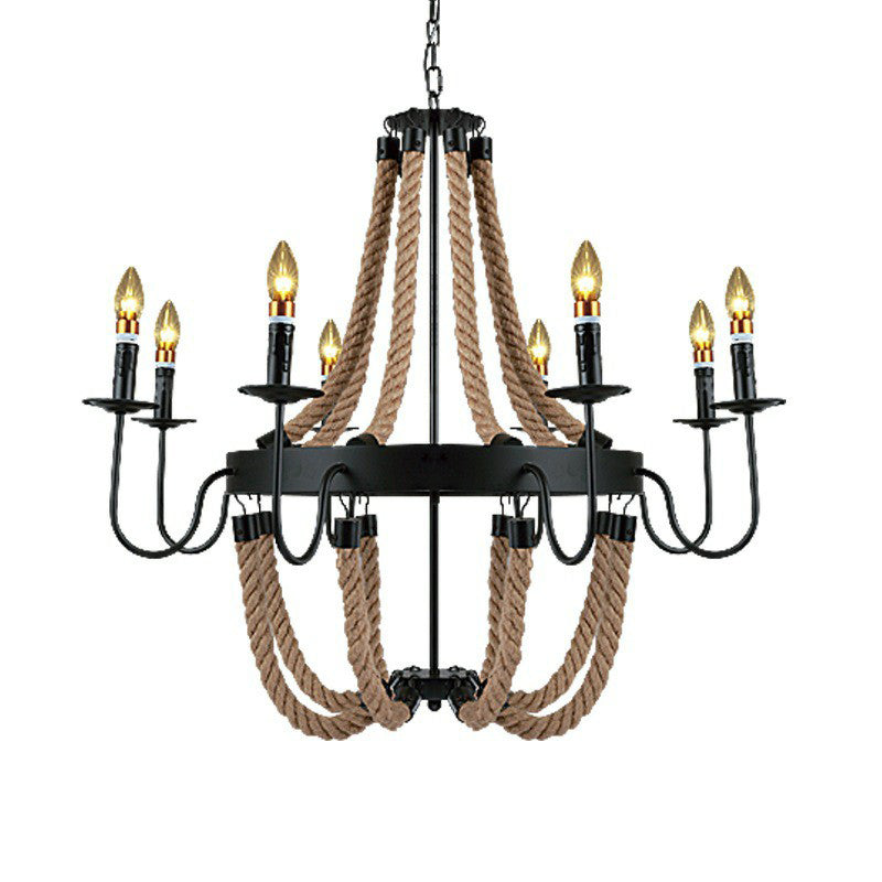 Farmhouse Rope Basket Chandelier - Brown 6/8 Bulbs Living Room Ceiling Pendant