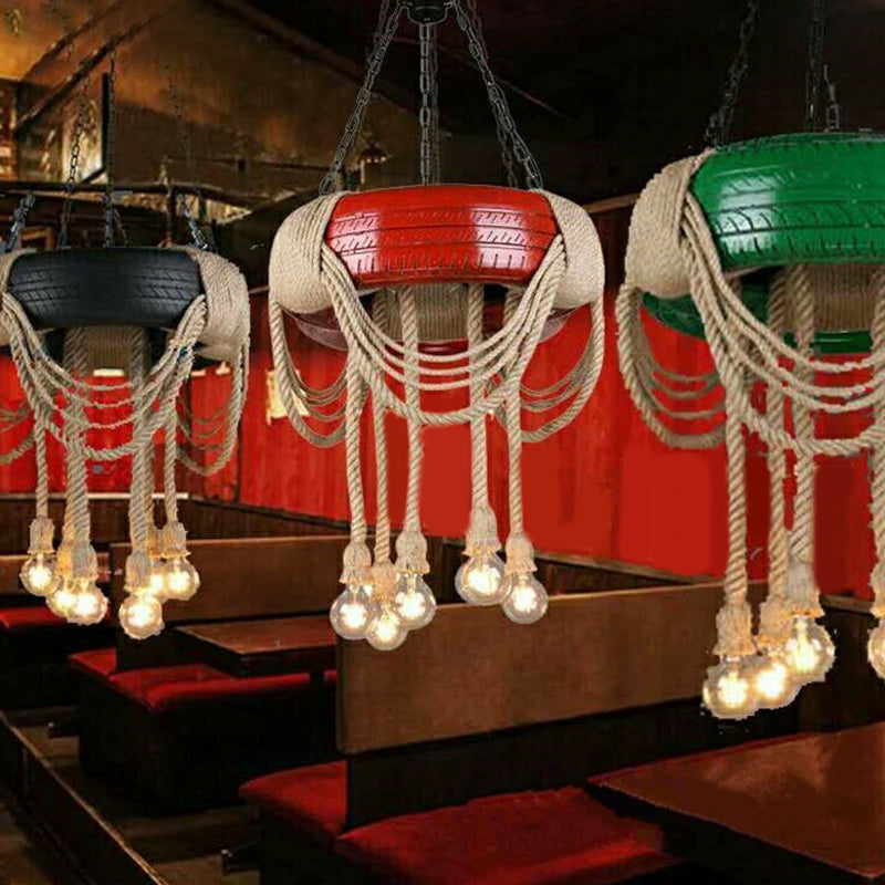 Lampe à pneu à 6 têtes Rubber Warehouse avec corde de chanvre - Lustre suspendu rouge/bleu/jaune pour salle à manger