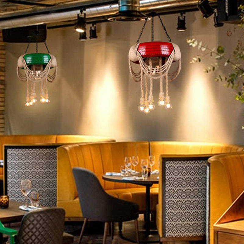 Lampe à pneu à 6 têtes Rubber Warehouse avec corde de chanvre - Lustre suspendu rouge/bleu/jaune pour salle à manger