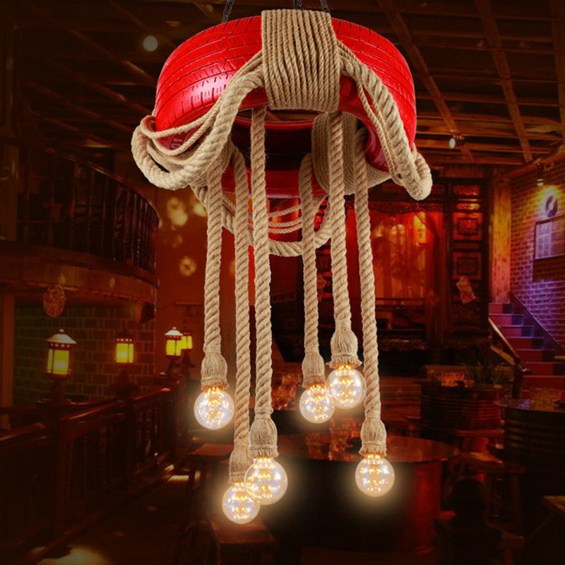 Lampe à pneu à 6 têtes Rubber Warehouse avec corde de chanvre - Lustre suspendu rouge/bleu/jaune pour salle à manger