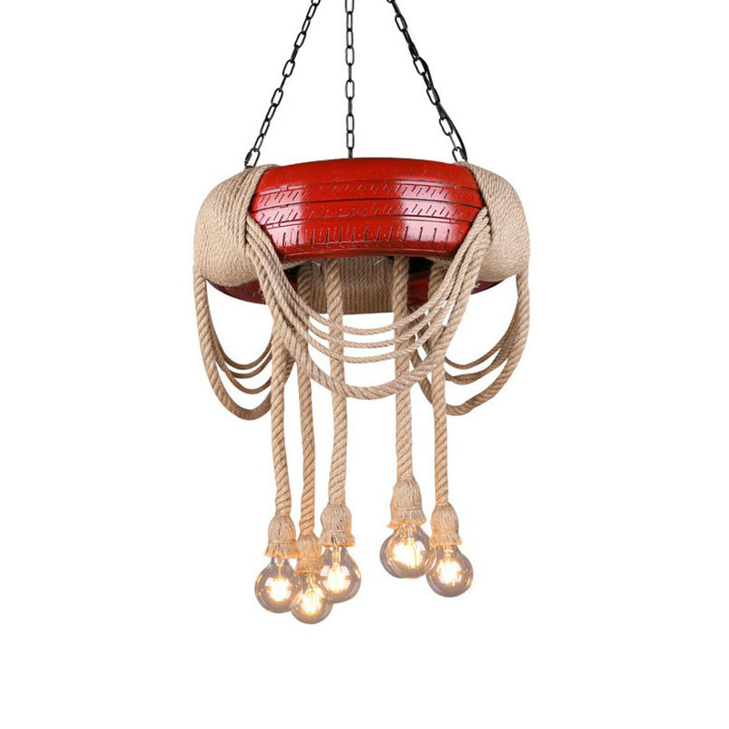 Lampe à pneu à 6 têtes Rubber Warehouse avec corde de chanvre - Lustre suspendu rouge/bleu/jaune pour salle à manger