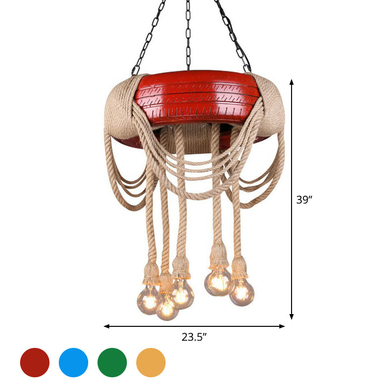 Lampe à pneu à 6 têtes Rubber Warehouse avec corde de chanvre - Lustre suspendu rouge/bleu/jaune pour salle à manger