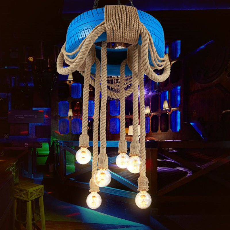 Lampe à pneu à 6 têtes Rubber Warehouse avec corde de chanvre - Lustre suspendu rouge/bleu/jaune pour salle à manger