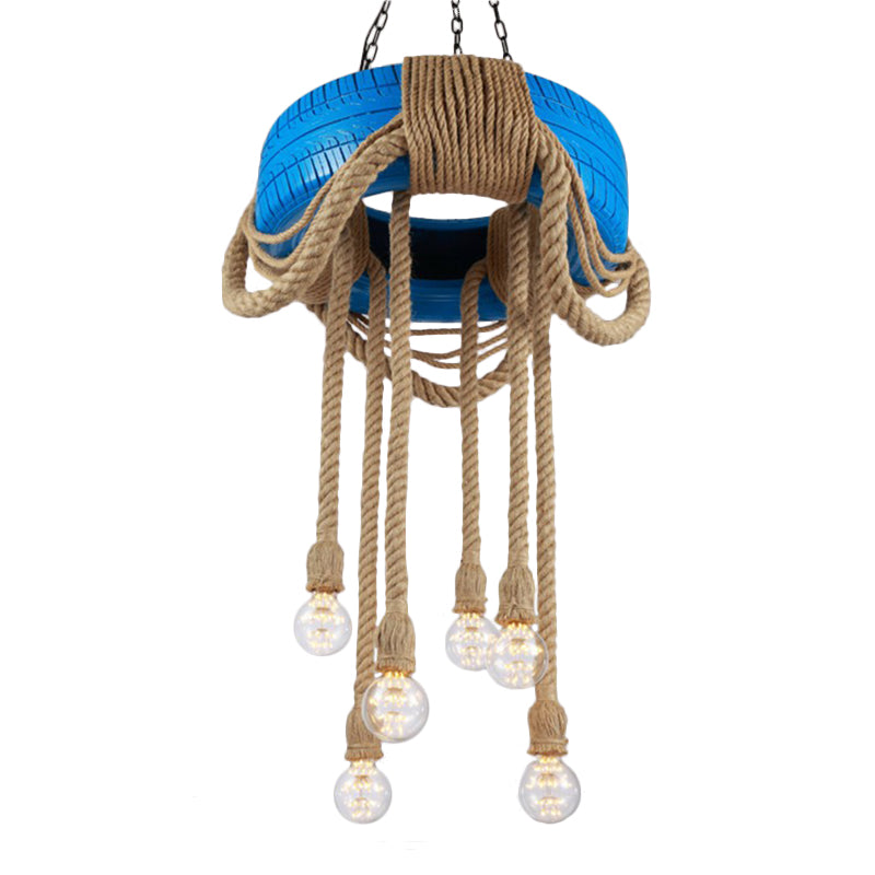 Lampe à pneu à 6 têtes Rubber Warehouse avec corde de chanvre - Lustre suspendu rouge/bleu/jaune pour salle à manger