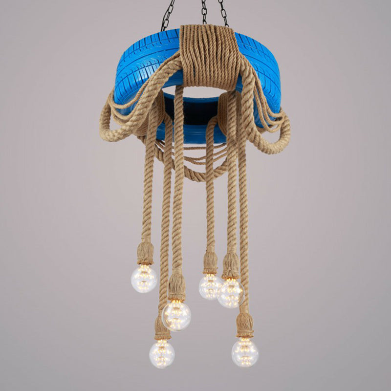 Lampe à pneu à 6 têtes Rubber Warehouse avec corde de chanvre - Lustre suspendu rouge/bleu/jaune pour salle à manger