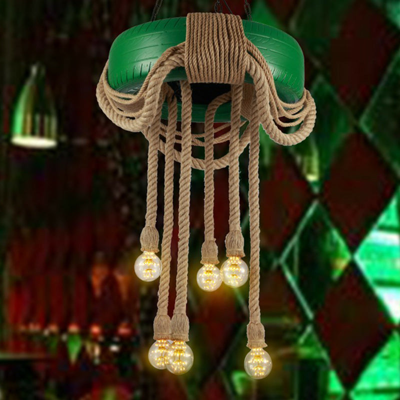Lampe à pneu à 6 têtes Rubber Warehouse avec corde de chanvre - Lustre suspendu rouge/bleu/jaune pour salle à manger