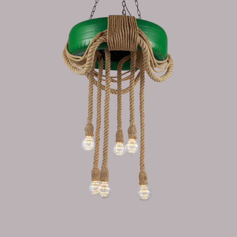 Lampe à pneu à 6 têtes Rubber Warehouse avec corde de chanvre - Lustre suspendu rouge/bleu/jaune pour salle à manger