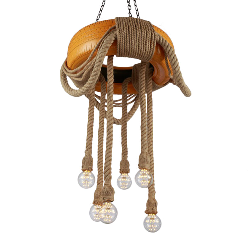 Lampe à pneu à 6 têtes Rubber Warehouse avec corde de chanvre - Lustre suspendu rouge/bleu/jaune pour salle à manger