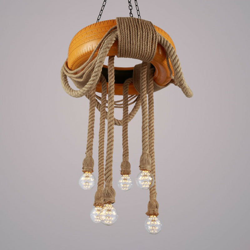 Lampe à pneu à 6 têtes Rubber Warehouse avec corde de chanvre - Lustre suspendu rouge/bleu/jaune pour salle à manger