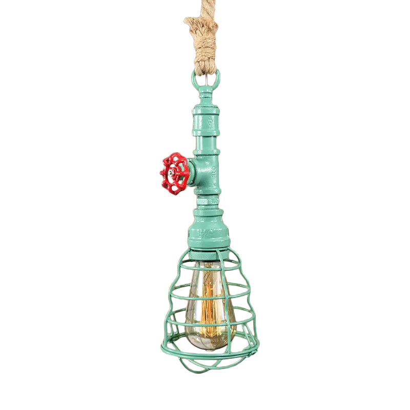 Steampunk Caged Pendant Light 1 Head - Hanging Ceiling Lamp with Rope Cord and Water Pipe Design in Blue/Rust/Bronze