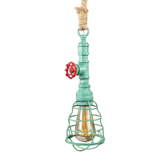 Suspension Steampunk Caged 1 Tête - Plafonnier Suspendu avec Cordon et Tuyau d'Eau Design Bleu/Rouille/Bronze