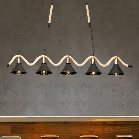 Black Island Pendant With 5 Hemp Rope Lights And Metal Shade