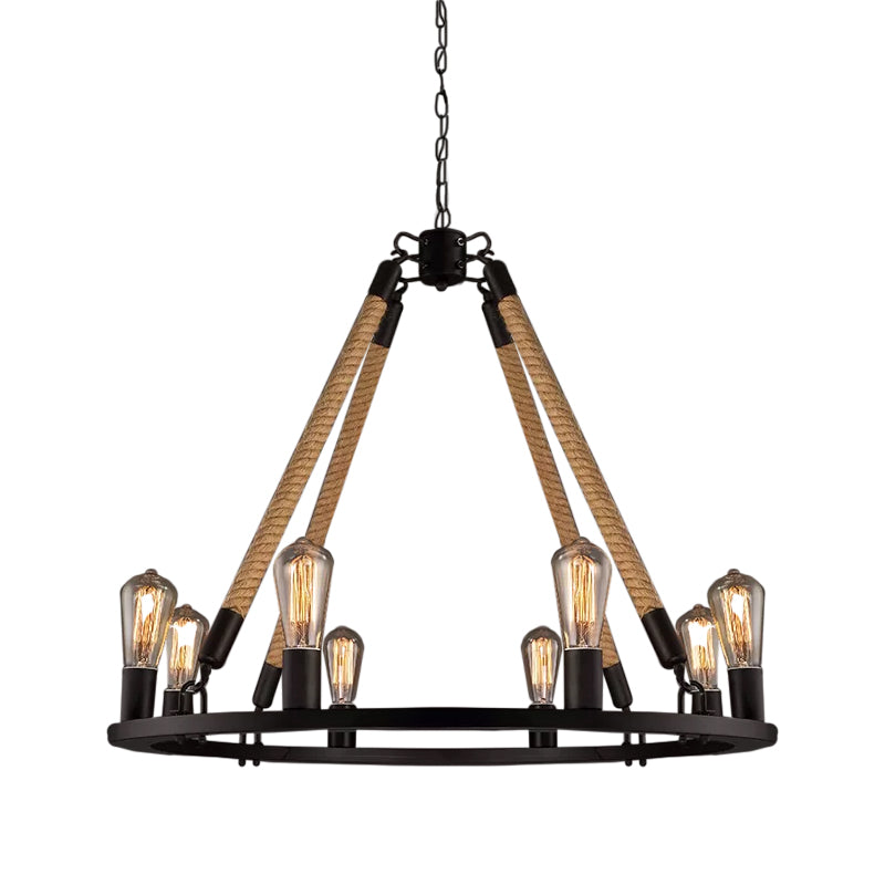 Industrial Hemp Rope Wagon Wheel Chandelier with 6/8 Black Pendant Lights for Living Room Ceiling