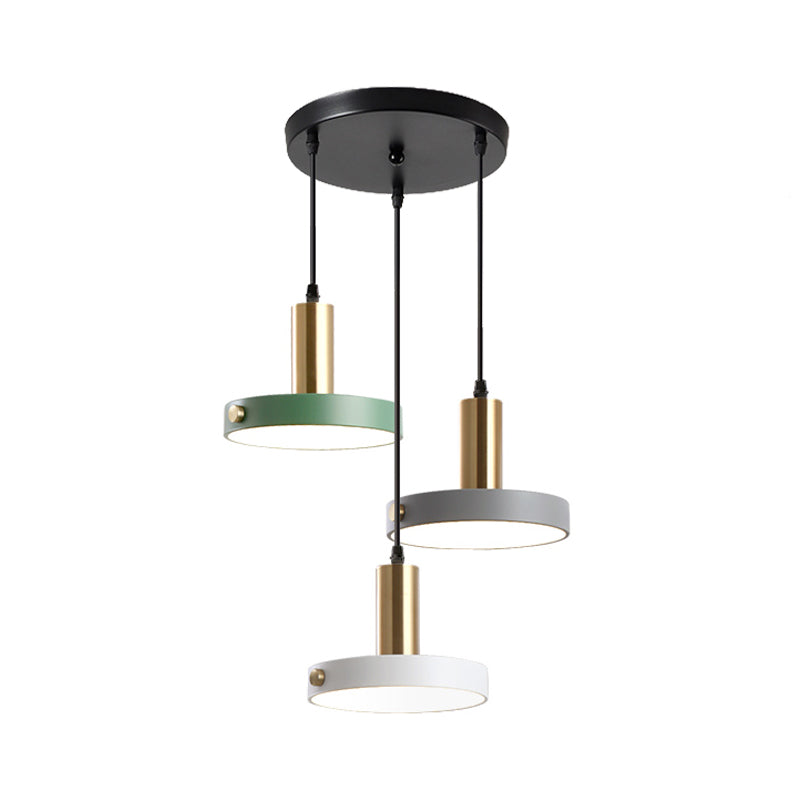 Nordic 3-Head Round Pendant Lamp In White/Grey/Green - Warm/White/3 Color Light