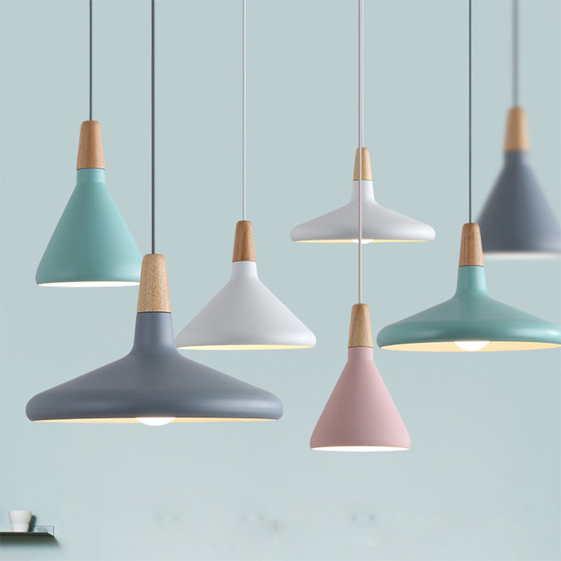 Serenity - Lampe suspendue conique moderne gris/rose/vert Macaron 1 ampoule Suspension de plafond en aluminium avec plateau en bois pour salle à manger