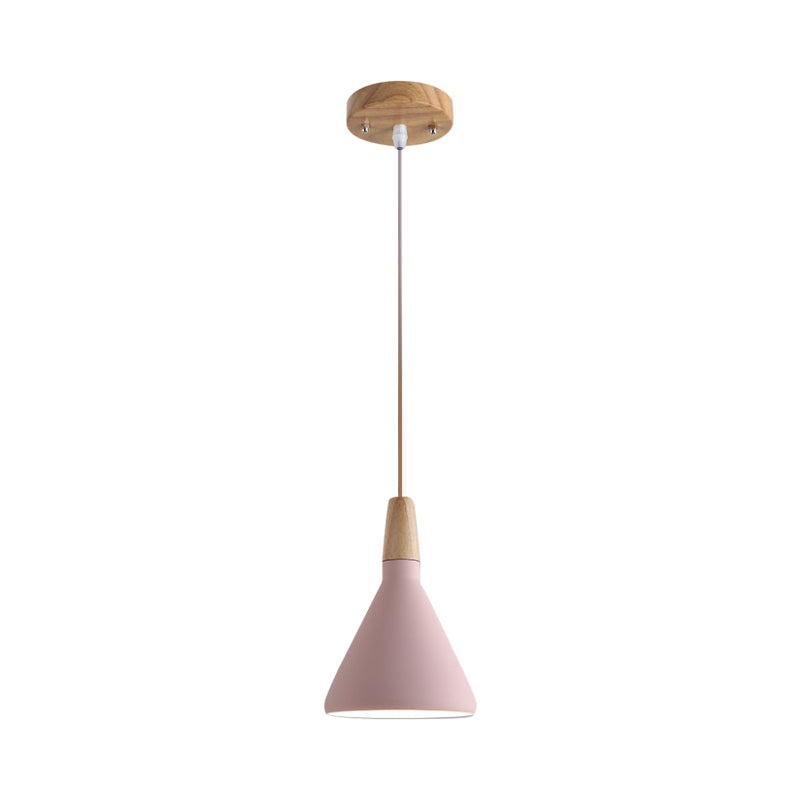 Serenity - Lampe suspendue conique moderne gris/rose/vert Macaron 1 ampoule Suspension de plafond en aluminium avec plateau en bois pour salle à manger
