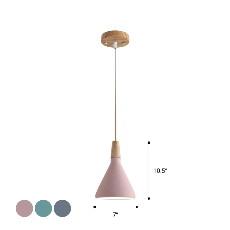 Serenity - Lampe suspendue conique moderne gris/rose/vert Macaron 1 ampoule Suspension de plafond en aluminium avec plateau en bois pour salle à manger