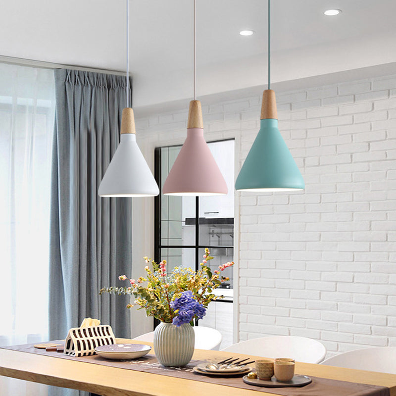 Serenity - Lampe suspendue conique moderne gris/rose/vert Macaron 1 ampoule Suspension de plafond en aluminium avec plateau en bois pour salle à manger