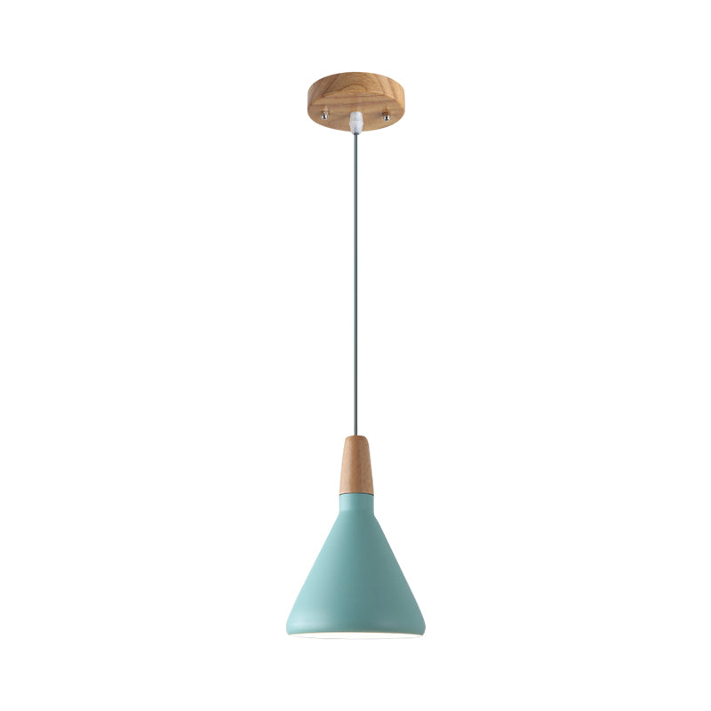 Serenity - Lampe suspendue conique moderne gris/rose/vert Macaron 1 ampoule Suspension de plafond en aluminium avec plateau en bois pour salle à manger