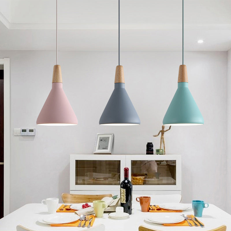 Serenity - Lampe suspendue conique moderne gris/rose/vert Macaron 1 ampoule Suspension de plafond en aluminium avec plateau en bois pour salle à manger