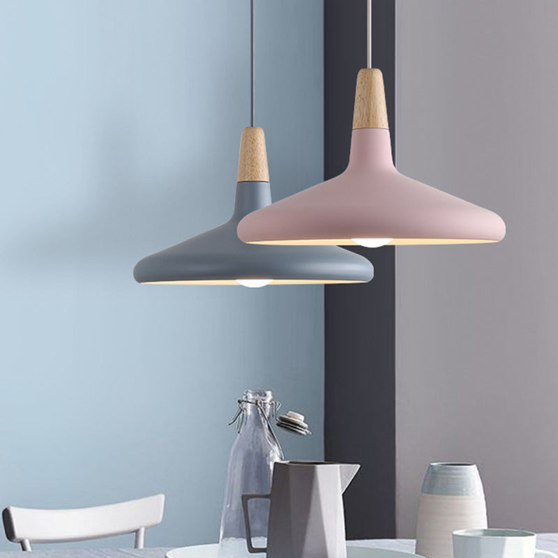 Serenity - Lampe suspendue conique moderne gris/rose/vert Macaron 1 ampoule Suspension de plafond en aluminium avec plateau en bois pour salle à manger