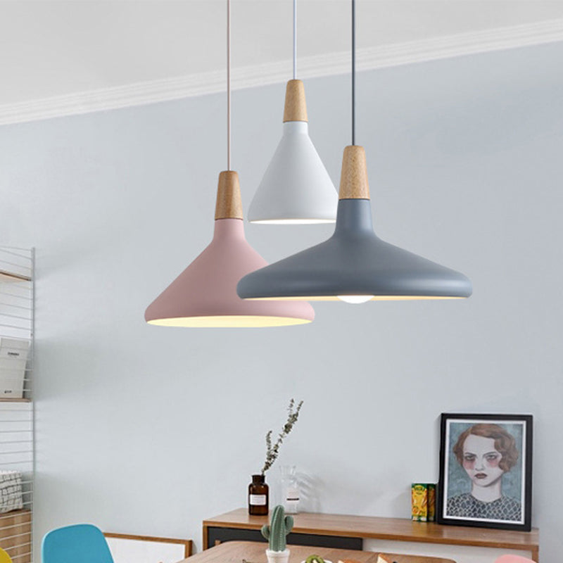 Serenity - Lampe suspendue conique moderne gris/rose/vert Macaron 1 ampoule Suspension de plafond en aluminium avec plateau en bois pour salle à manger