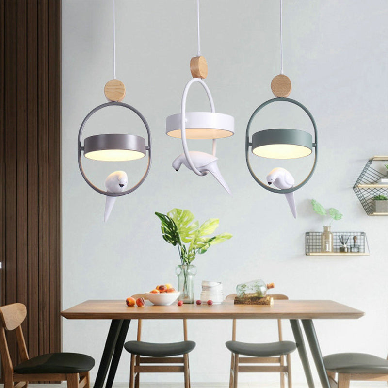 Nordic Style Hanging Lamp With Bird Decor And Round Shade In White/Grey/Green - Metal Single Bedside