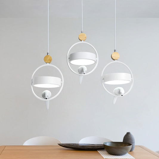 Nordic Style Hanging Lamp With Bird Decor And Round Shade In White/Grey/Green - Metal Single Bedside
