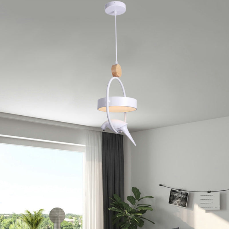 Nordic Style Hanging Lamp With Bird Decor And Round Shade In White/Grey/Green - Metal Single Bedside