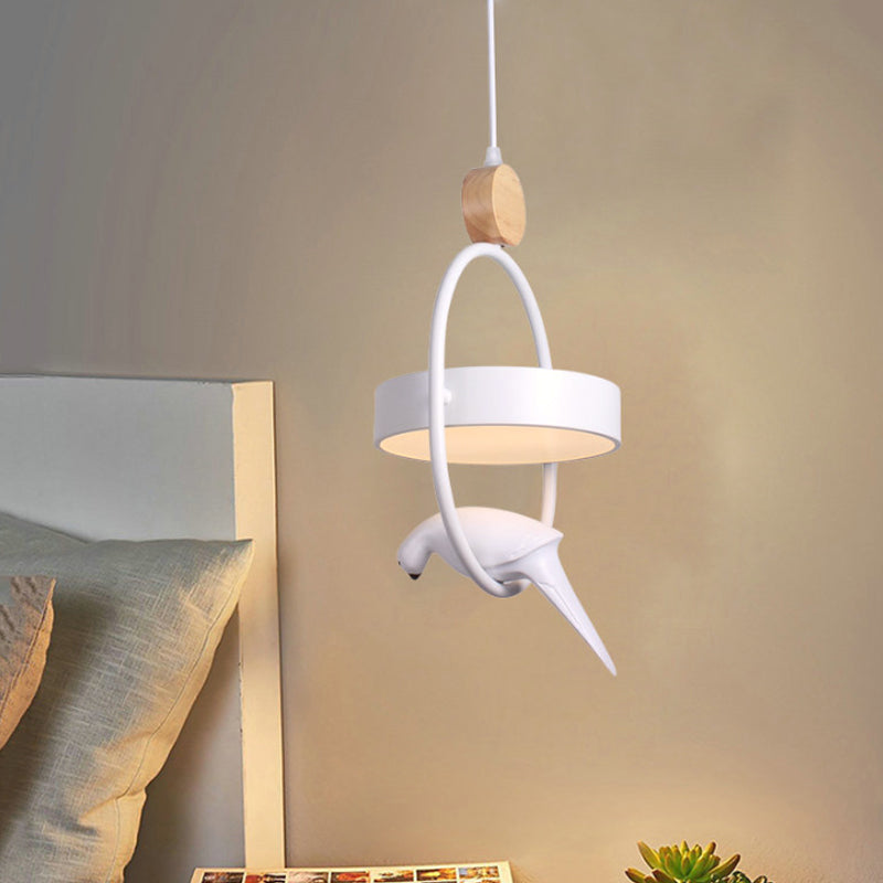 Nordic Style Hanging Lamp With Bird Decor And Round Shade In White/Grey/Green - Metal Single Bedside