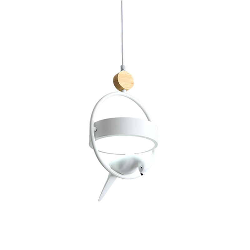 Nordic Style Hanging Lamp With Bird Decor And Round Shade In White/Grey/Green - Metal Single Bedside
