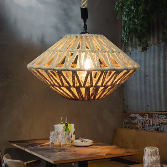 Lampe de plafond à suspension creuse en corde de jute marron rustique avec motif de soucoupe volante - 1 lumière