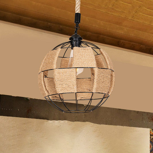 Lampe suspendue en corde de chanvre - Plafonnier globe brun cottage, luminaire suspendu pour couloir
