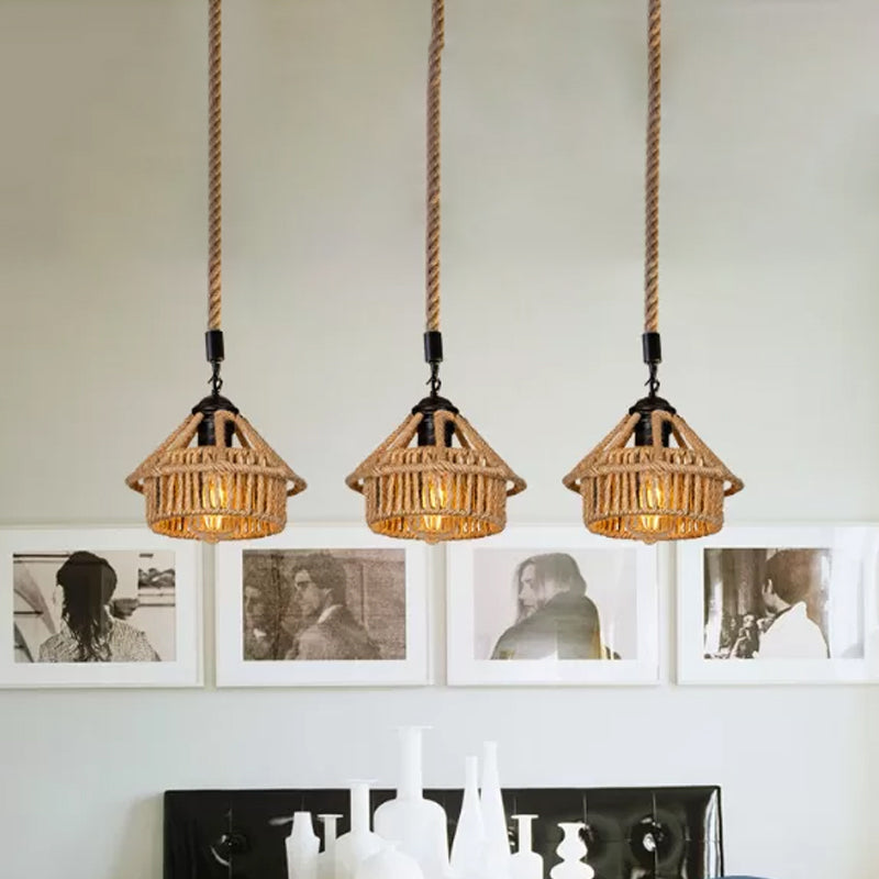 Handcrafted Cottage Brown Multi-Pendant Light Fixture with Rope Detail - Round/Linear Canopy (3/6 Lights)