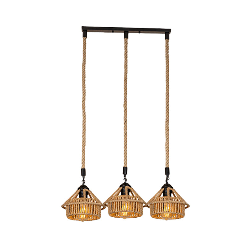 Handcrafted Cottage Brown Multi-Pendant Light Fixture with Rope Detail - Round/Linear Canopy (3/6 Lights)