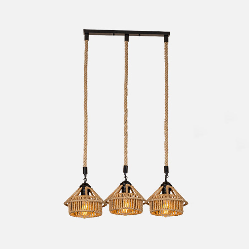 Handcrafted Cottage Brown Multi-Pendant Light Fixture with Rope Detail - Round/Linear Canopy (3/6 Lights)