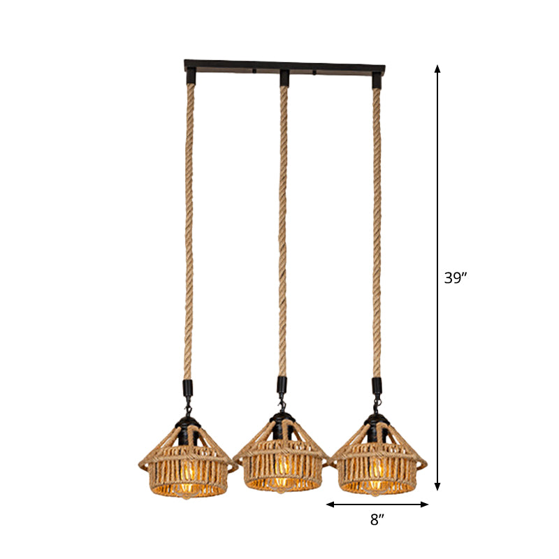 Handcrafted Cottage Brown Multi-Pendant Light Fixture with Rope Detail - Round/Linear Canopy (3/6 Lights)