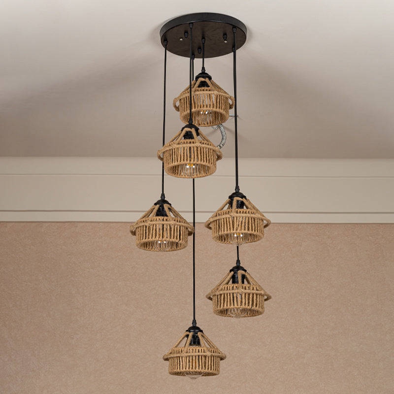 Handcrafted Cottage Brown Multi-Pendant Light Fixture with Rope Detail - Round/Linear Canopy (3/6 Lights)
