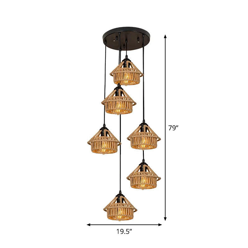 Handcrafted Cottage Brown Multi-Pendant Light Fixture with Rope Detail - Round/Linear Canopy (3/6 Lights)