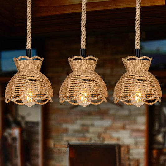 Suspension Bistro en chanvre Farmhouse - Lampe suspendue ronde/linéaire à 3/6 têtes marron avec bordure festonnée