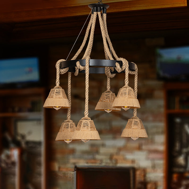 Carillon Cottage Brown Rope Pendant Chandelier - 6 Lights - Ideal for Restaurants