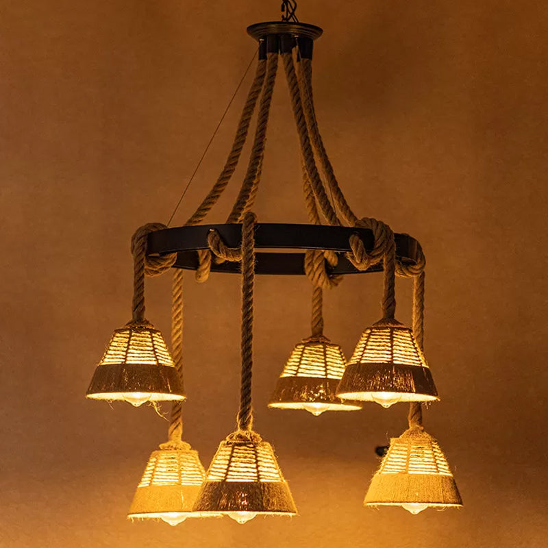 Carillon Cottage Brown Roped Pendant Chandelier - 6-Light Ceiling Fixture For Restaurants
